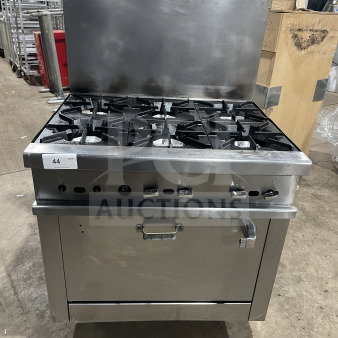 Commercial stainless steel gas 6-burner range/oven, with backsplash, overhead salamander shelf, wired oven rack, on casters.