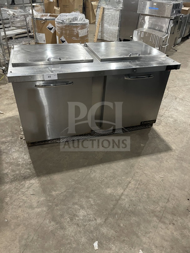 Continental Stainless Steel 2-Door Refrigerated Prep Table, Model SW72 18. Includes wired rack. Serial: 159B8977. Good condition.