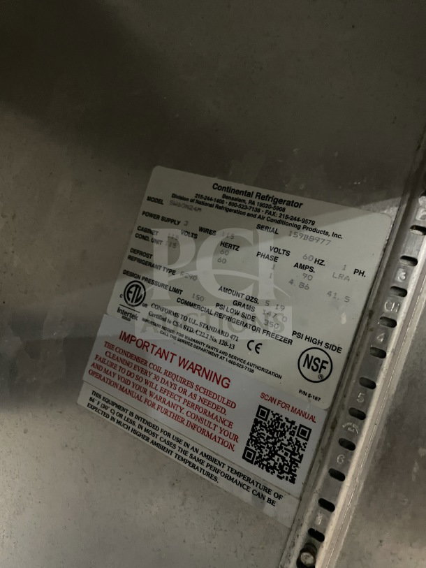 Continental SW60N24M prep table label, featuring model, serial number 159B8977, voltage 115V, phase 1 specifications.