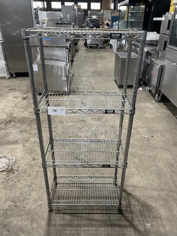 Uline Commercial 4-Tier Chrome Wire Shelving Unit, in good condition, with visible Uline brand labels.