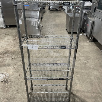 Uline Commercial 4-Tier Chrome Wire Shelving Unit, in good condition, with visible Uline brand labels.