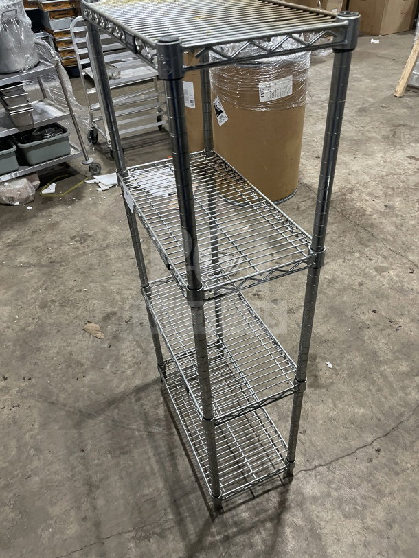 Uline Commercial 4-Tier Chrome Wire Shelving Unit, sturdy metal construction, excellent condition, ideal for storage.