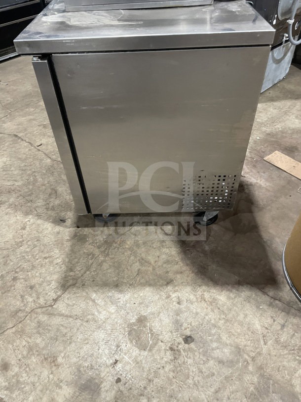 True TUC-60 Stainless Steel 2-Door Worktop Refrigerator with upturned backsplash, on casters. Energy Star Certified.