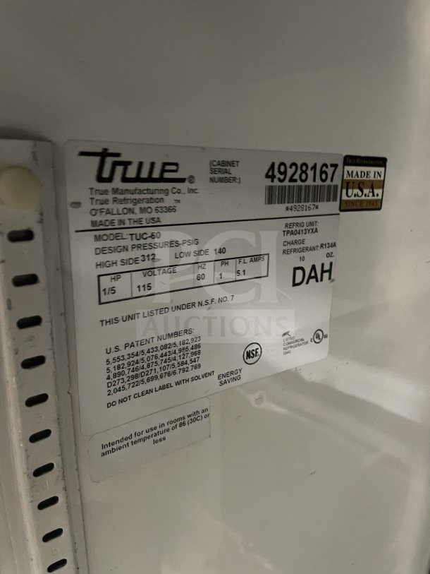 True Commercial Stainless Steel 2-Door Worktop Refrigerator, Model TUC-60, SN: 4928167, Energy Star certified, 115V, on casters.