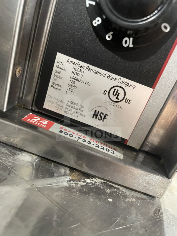 APW Wyott 3-compartment heated drawer, model HDD-3. Stainless steel, 120V, individual controls. Serial: 0906D01470.