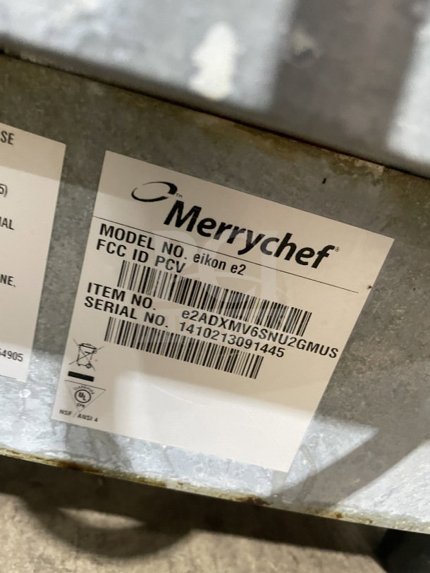 MerryChef Eikon E2 tag showing model and serial numbers on stainless steel ventless convection oven.