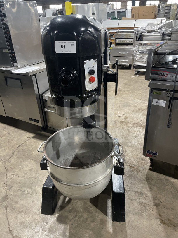 Attias USA-60 commercial planetary mixer, black, 60-qt, with stainless steel bowl, 220V, 1 phase, SN: 5175062.