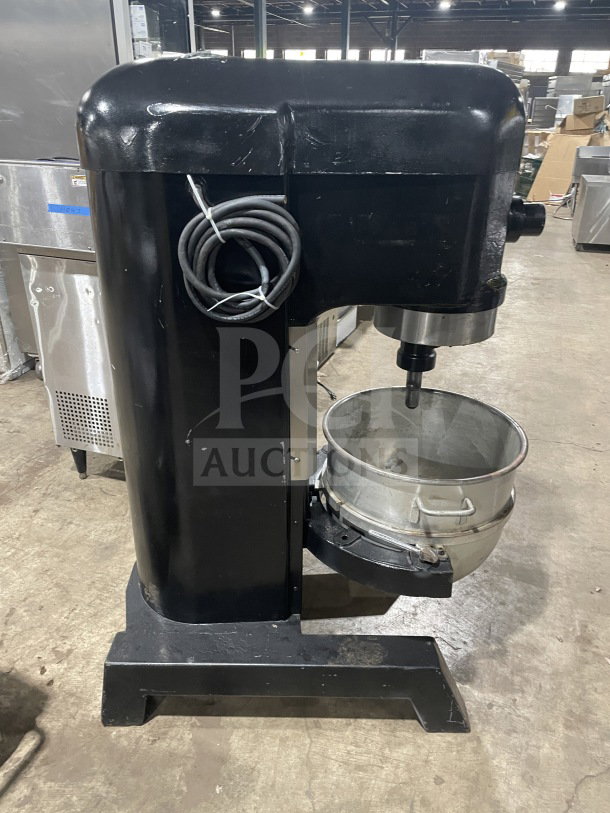 Attias USA-60 commercial planetary floor mixer, black, 60-qt capacity, with stainless steel mixing bowl, in good condition.