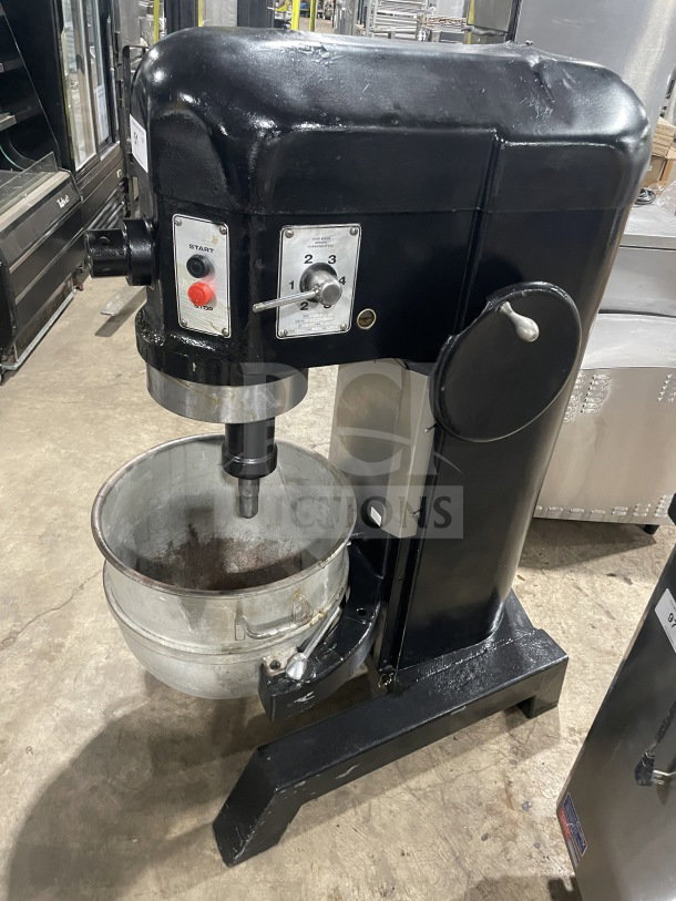 Attias USA-60 60-Qt black commercial planetary mixer with stainless steel bowl, 220V, 1 phase, SN: 5175062, used condition.