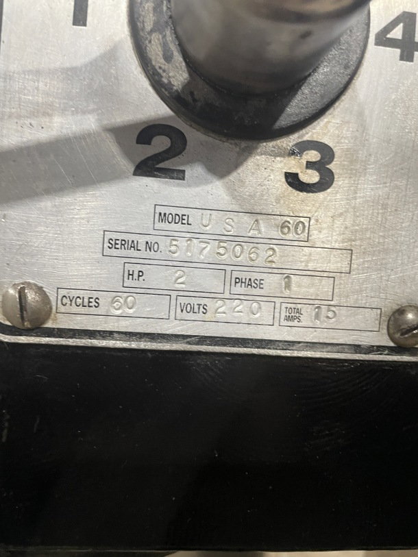 Attias USA-60 commercial planetary mixer label showing model, serial number 5175062, 220V, 2 HP, 1 phase.