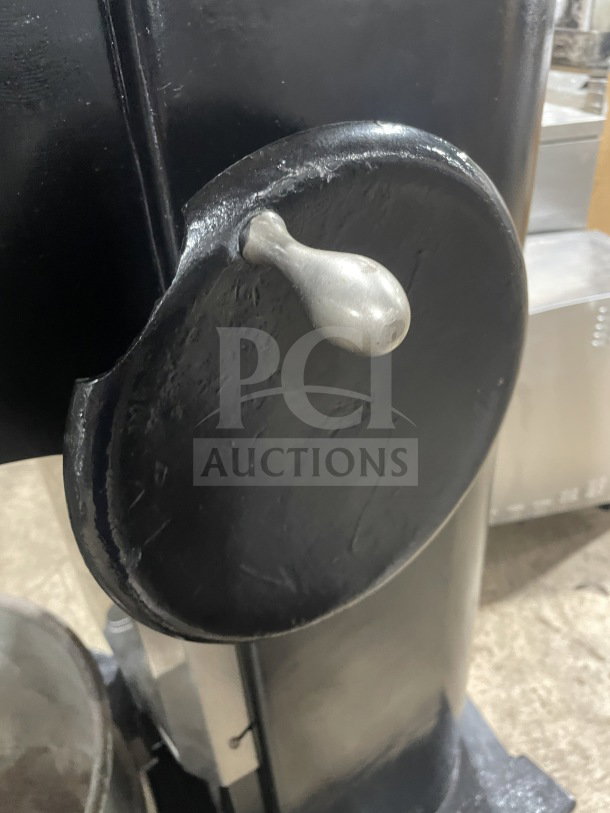 Attias Commercial Black 60-Qt Planetary Floor Mixer, Model USA-60, with stainless steel mixing bowl. Handle detail shown.