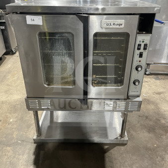US Range SUMG100 stainless steel single deck convection oven with view-through doors, on equipment stand with storage.