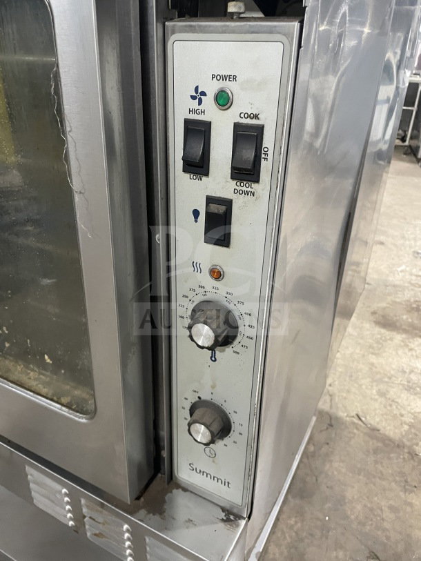 US Range SUMG100 stainless steel convection oven, natural gas, single deck, view doors, control panel, on stand with storage.