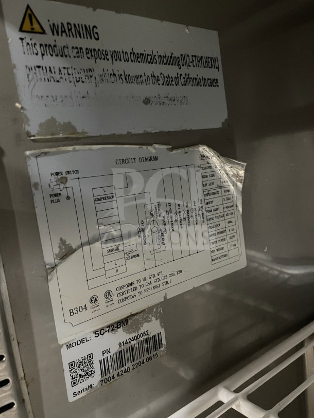 Commercial stainless steel 3-door bain marie prep refrigerator, model SC-72-BMI, with circuit diagram and poly-coated rack.