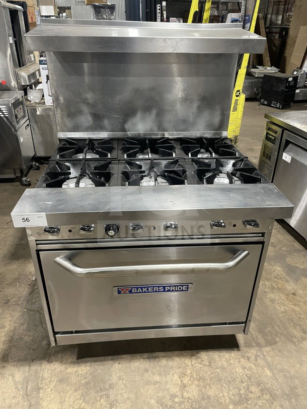 Bakers Pride commercial stainless steel 6-burner range/oven combo, model 36BP6BS30N, with backsplash and overhead shelf.