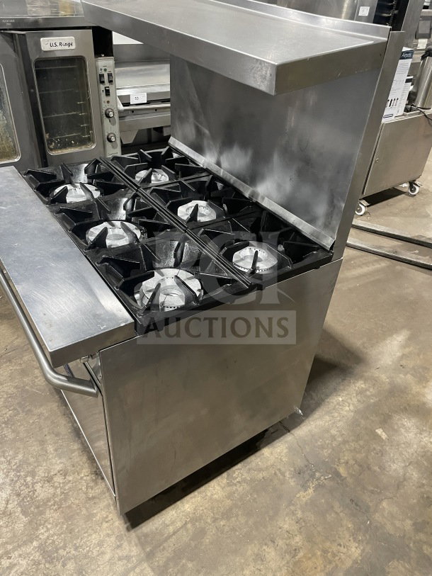 Bakers Pride stainless steel gas 6-burner range/oven combo, Model 36BP6BS30N, with backsplash, overhead salamander, wired rack.