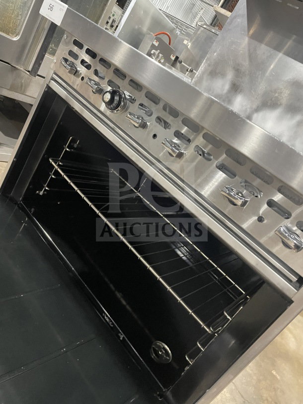 Bakers Pride Stainless Steel 6-Burner Range/Oven Combo, Model 36BP6BS30N. Features backsplash, salamander shelf, wired oven rack.