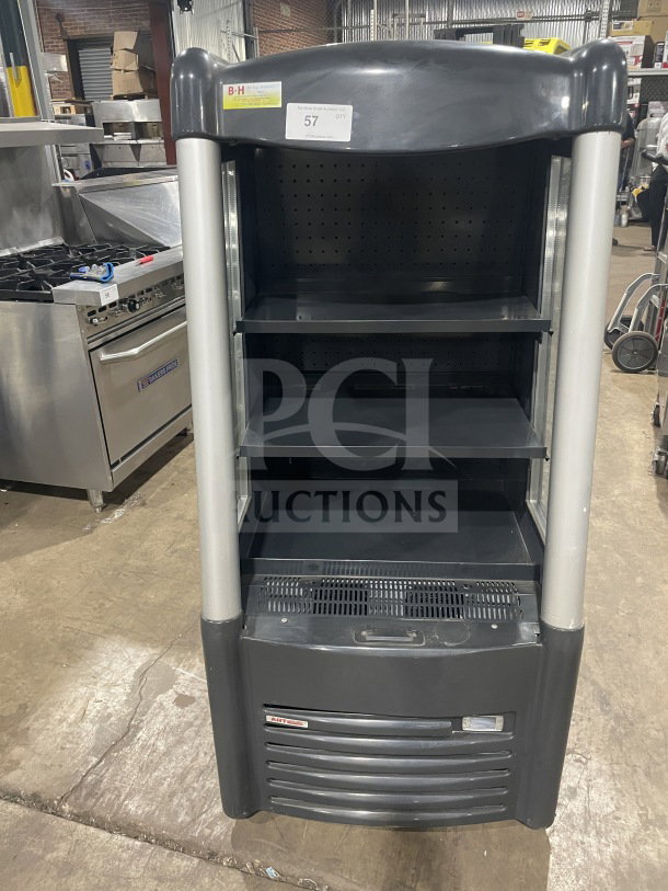 AHT 2013 refrigerated open display merchandiser, model AC-S LED, on casters, with LED lights and pull-down night shade.