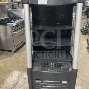 AHT 2013 refrigerated open display merchandiser, model AC-S LED, on casters, with LED lights and pull-down night shade.