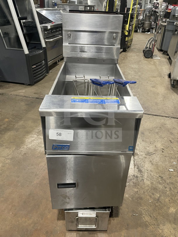 Pitco SFSG14 JS 40 lb. stainless steel natural gas fryer with backsplash, basket hanger, filtration system, on casters.