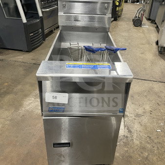 Pitco SFSG14 JS 40 lb. stainless steel natural gas fryer with backsplash, basket hanger, filtration system, on casters.