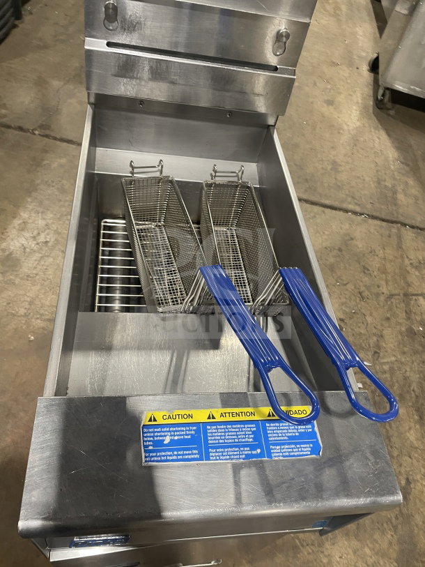 Pitco SFSG14 JS commercial fryer, 40 lb. capacity, stainless steel, natural gas, filtration system, casters, baskets included.