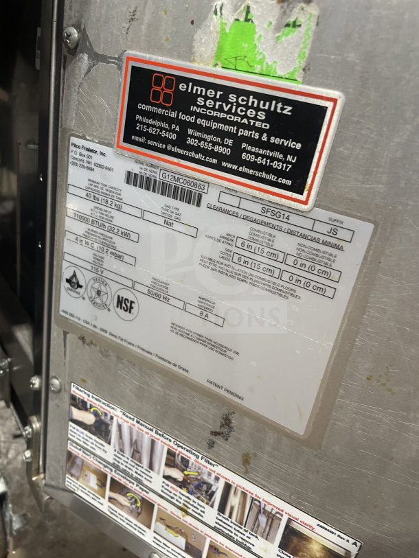 Pitco SFSG14 JS deep fat fryer label, showing specs: 40 lb capacity, natural gas, 115V, with filtration system.