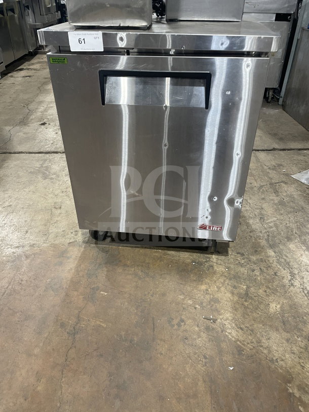 Turbo Air 28" stainless steel undercounter refrigerator, Model Eur-28-N6, on casters, with poly-coated rack, excellent condition.