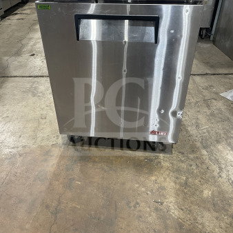 Turbo Air 28" stainless steel undercounter refrigerator, Model Eur-28-N6, on casters, with poly-coated rack, excellent condition.