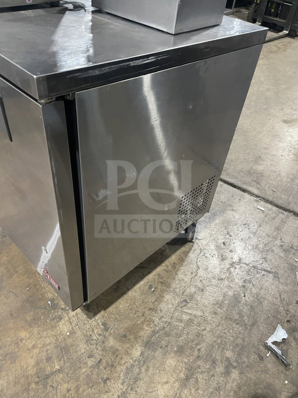 Turbo Air 28" stainless steel single-door undercounter refrigerator, model Eur-28-N6, on casters, with poly coated rack.