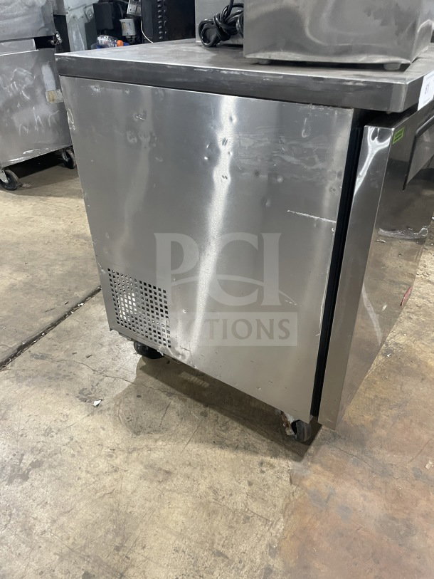 Turbo Air Eur-28-N6 stainless steel undercounter refrigerator, 28" single-door, on casters, poly coated rack, 115V.