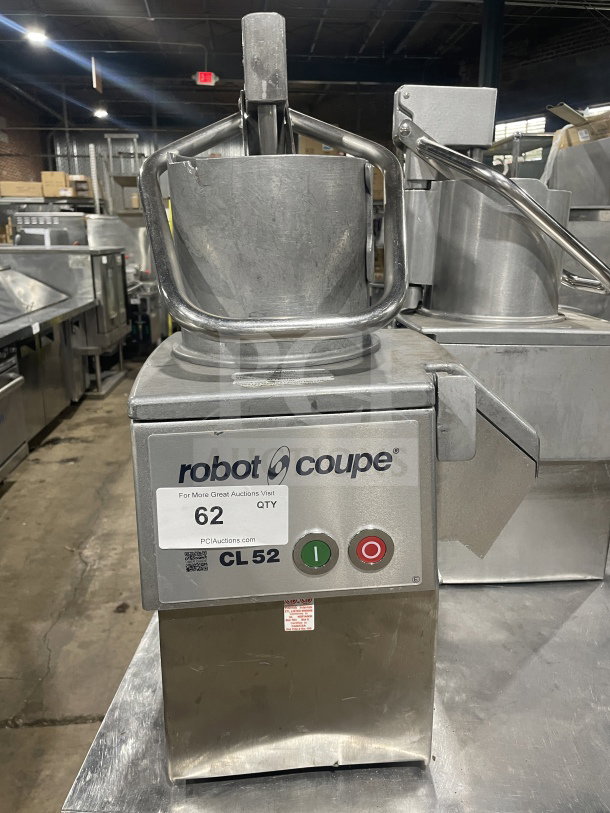 Robot Coupe CL52 food processor, stainless steel, 2 hp, full moon pusher, SN: 4532178503R-10, 120V, includes 2 discs.