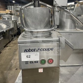 Robot Coupe CL52 food processor, stainless steel, 2 hp, full moon pusher, SN: 4532178503R-10, 120V, includes 2 discs.