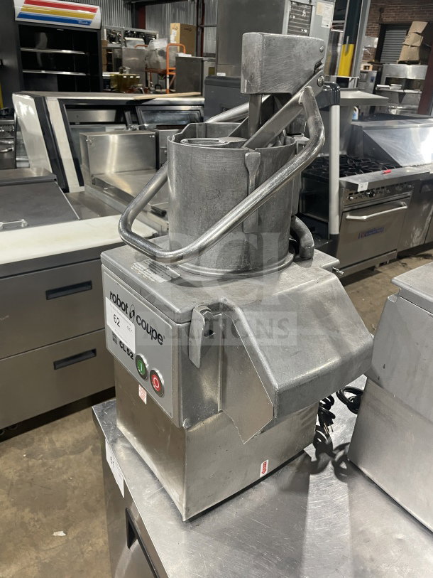 Robot Coupe CL52 commercial food processor, stainless steel, 2 hp, full moon pusher, two discs, model CL52, serial 4532178503R-10, 120V.