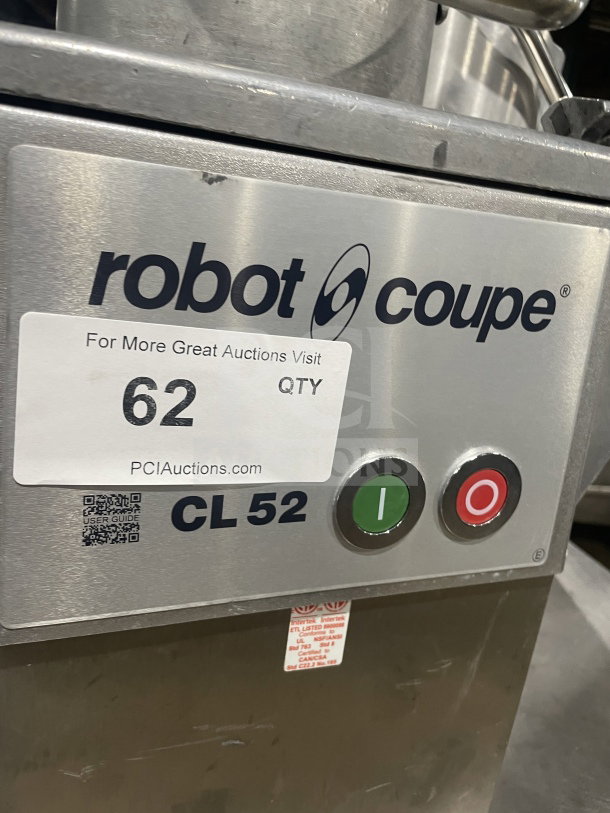 Robot Coupe CL52 food processor, stainless steel, commercial grade, with Full Moon Pusher, includes 2 discs, 2 hp, 120V.