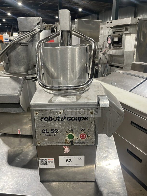 Robot Coupe CL52 food processor, stainless steel, 2 hp, 120V, with full moon pusher, 2 discs, commercial grade, used condition.