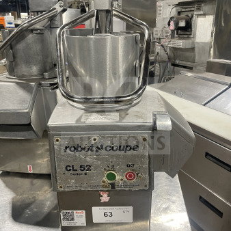 Robot Coupe CL52 food processor, stainless steel, 2 hp, 120V, with full moon pusher, 2 discs, commercial grade, used condition.