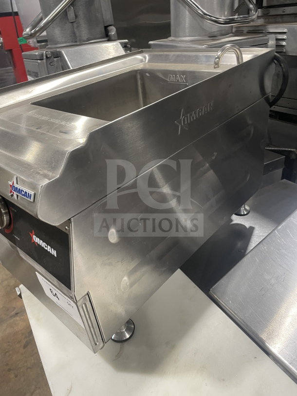 Omcan Commercial Stainless Steel Electric Pasta Cooker, Model 41882, with basket holder and mesh basket, 240V, excellent condition.