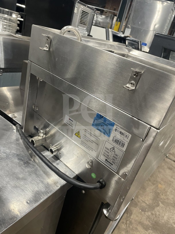 Omcan Model 41882 stainless steel countertop pasta cooker, 240V, with basket holder. Features labels and power cord.