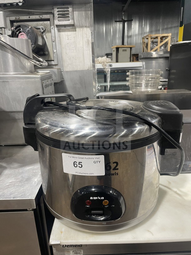 Amko AK-50RC stainless steel electric rice cooker, 120V, model AK-50RC. Features label with SN: 23079163. 