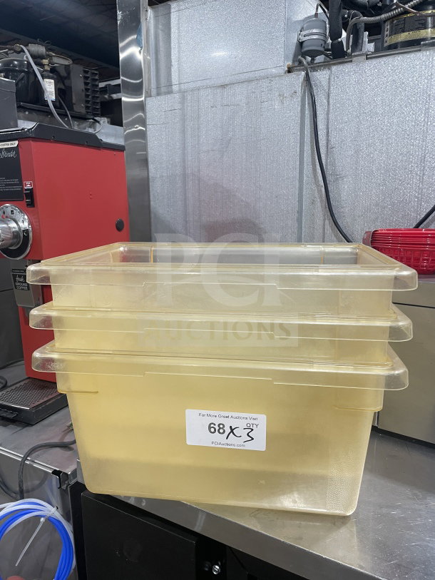Commercial polycarbonate jumbo food storage containers in excellent condition, with label indicating quantity 3.