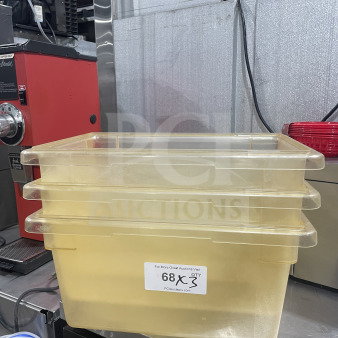 Commercial polycarbonate jumbo food storage containers in excellent condition, with label indicating quantity 3.