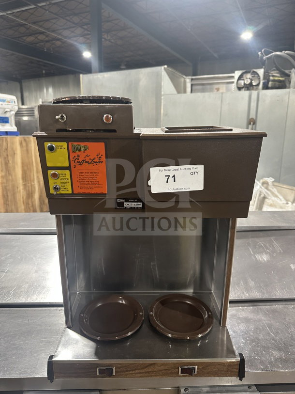 Cecilware commercial coffee machine, stainless steel base, brown finish, model OCS-1200, countertop design, brewing instructions visible.