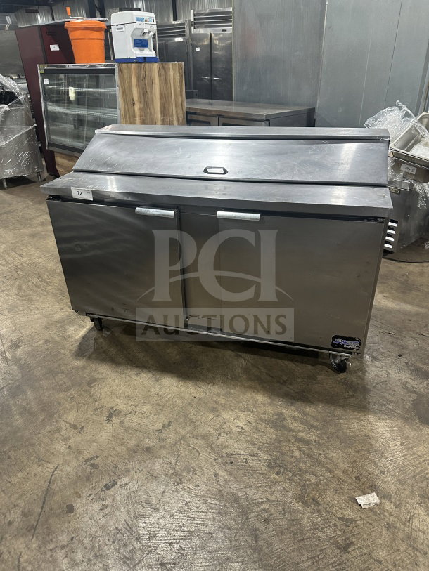 Beverage Air 60" commercial stainless steel BainMarie 2-door sandwich prep table, with poly rack, on casters, 115V 1 phase.