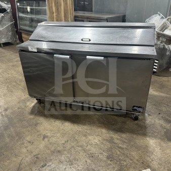 Beverage Air 60" commercial stainless steel BainMarie 2-door sandwich prep table, with poly rack, on casters, 115V 1 phase.