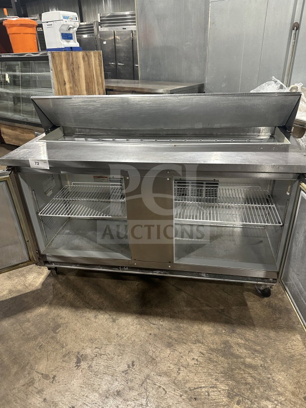 Beverage Air 60" stainless steel refrigerated sandwich prep table with two doors, poly coated rack, and casters, 115V.