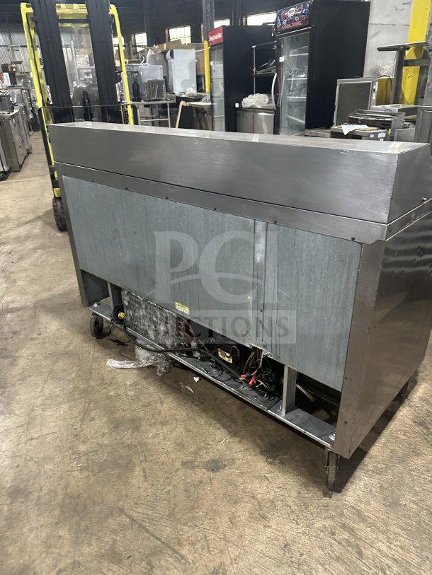 Beverage Air 60" stainless steel refrigerated sandwich prep table with 2 doors, poly coated rack, on casters, 115V 1 phase.