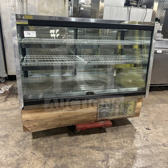 Marc SQBCR-59 bakery display case, wooden style, flat glass, multi-tier, poly coated rack, sliding rear doors, 115V, SN: 130615.