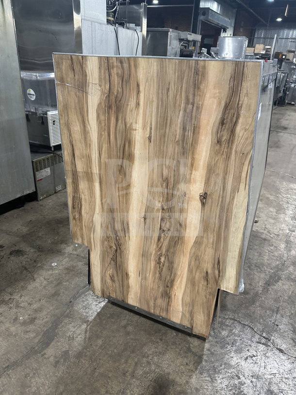 Marc commercial wooden style flat glass refrigerated bakery display case, model SQBCR-59. Features poly coated wired rack and rear access sliding glass doors.