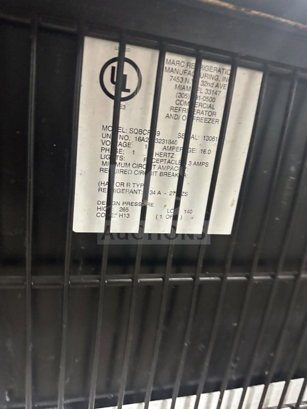 Marc SQBCR-59 refrigerated bakery display case tag. Model and serial number, voltage, and other specifications listed.